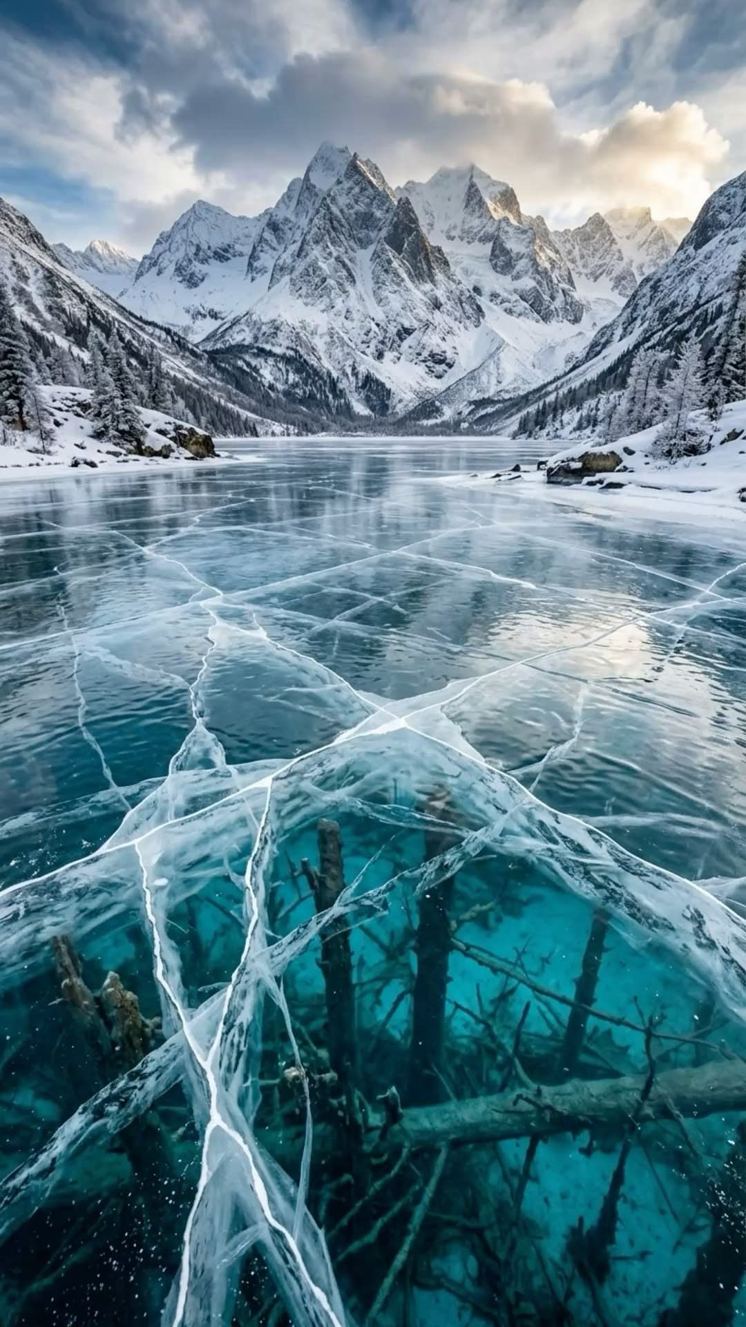 Frozen turquoise lake surrounded by snowy peaks in the Canadian Rockies